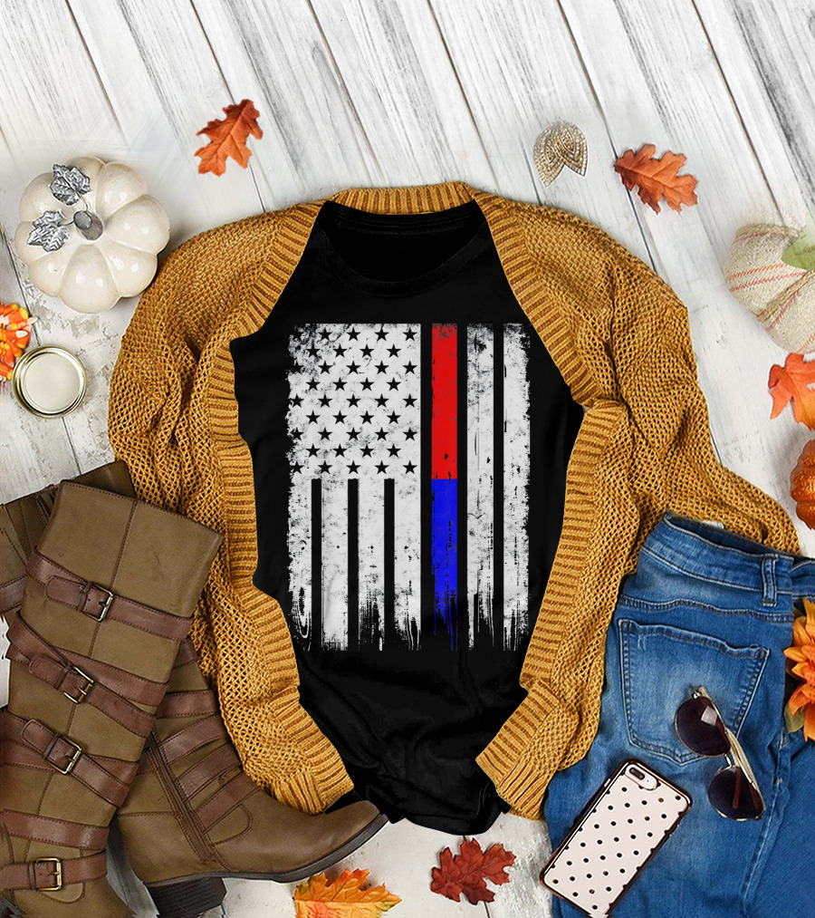 Distressed Firefighter Police Officer Thin Red and Blue Line American Flag T-Shirt