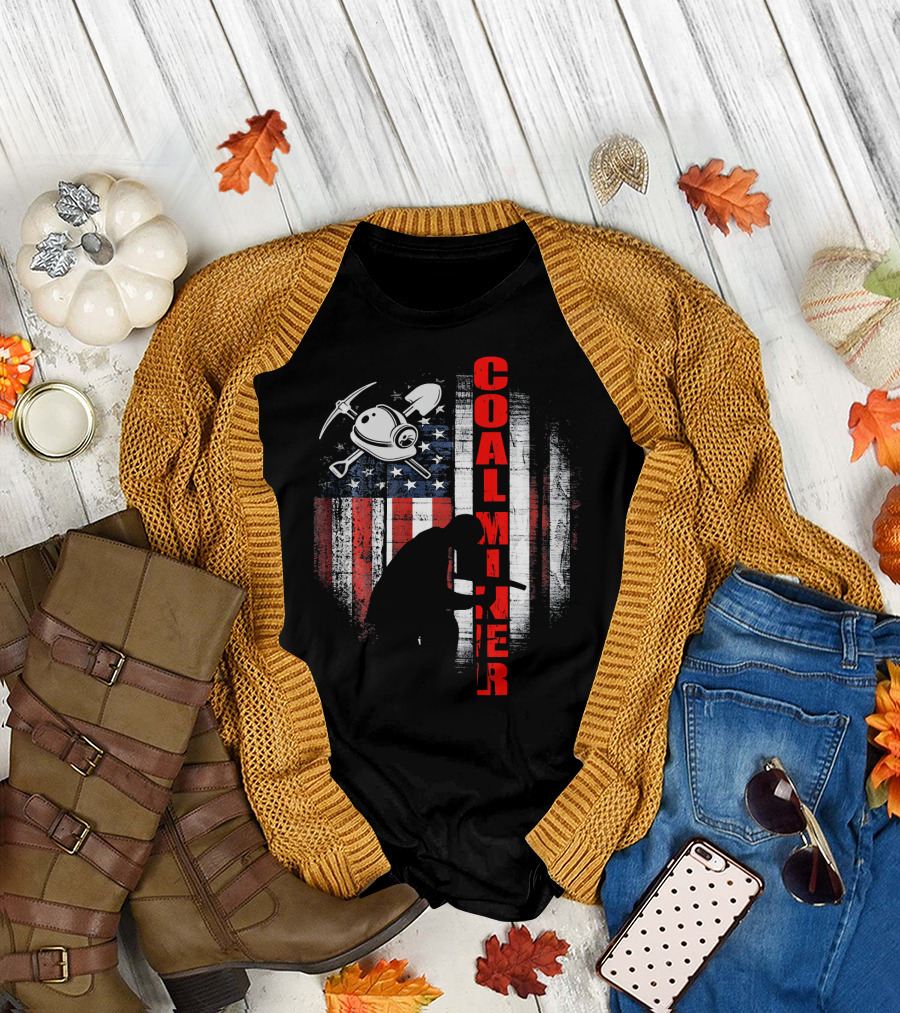Coal Miner Flag Silhouette with American Flag and Tools T-Shirt