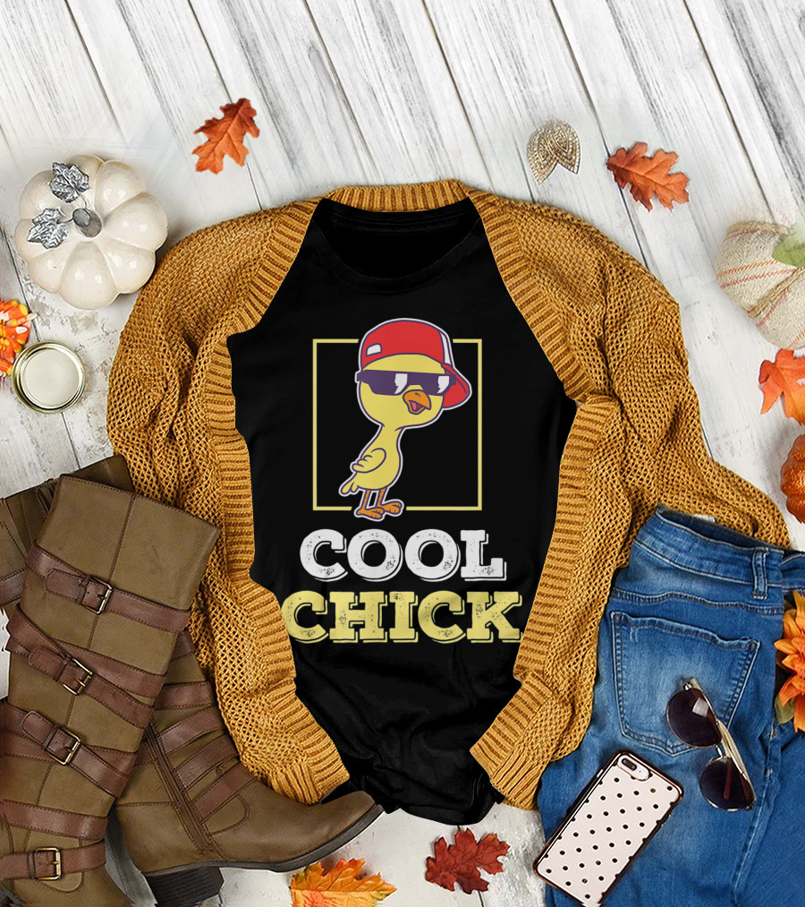Cool Chick Funny Chicken Farm Chick Wearing Sunglasses and Hat T-Shirt