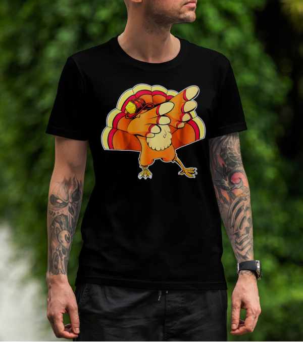 Dabbing Turkey Firefighter With Red Helmet And Vibrant Feathers T-Shirt