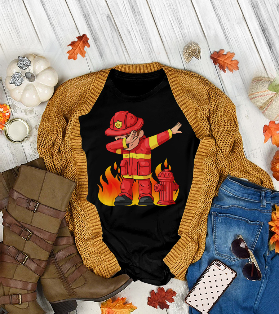 Dabbing Firefighter with Flames and Hydrant T-Shirt