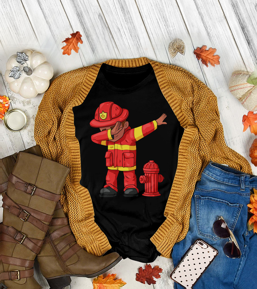 Dabbing Firefighter Funny Fireman Next to Fire Hydrant T-Shirt