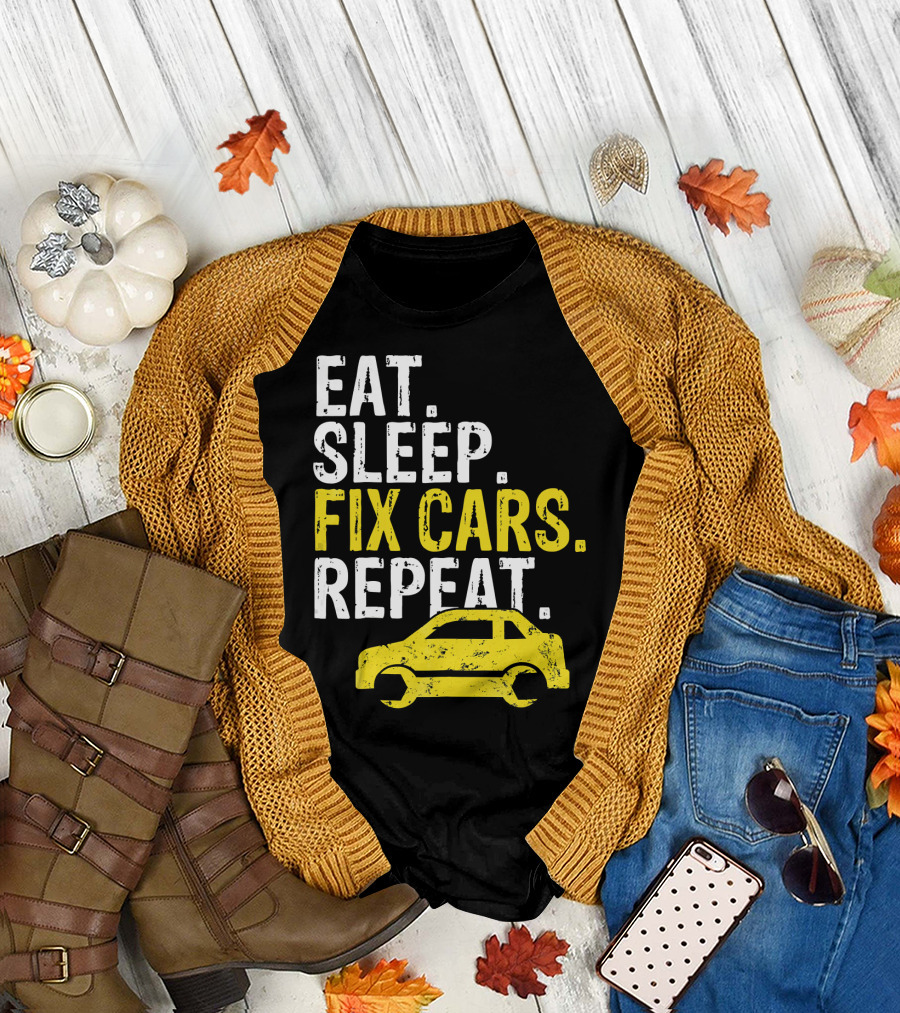 Eat Sleep Fix Cars Repeat Auto Mechanic with Yellow Car T-Shirt