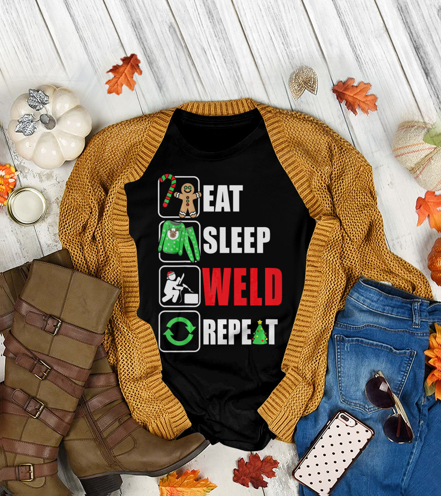 Eat Sleep Weld Repeat Christmas Gingerbread Candy Cane Welder Holiday T-Shirt