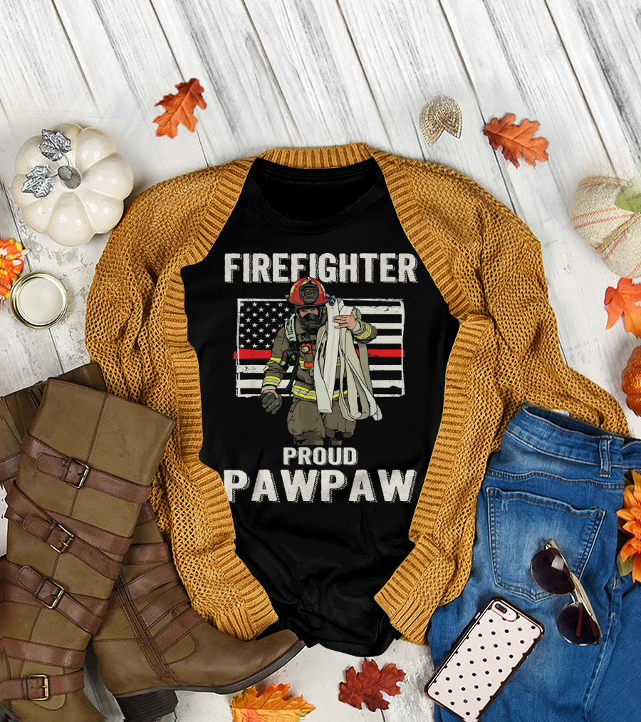 Firefighter Proud Pawpaw American Flag Thin Red Line T-Shirt