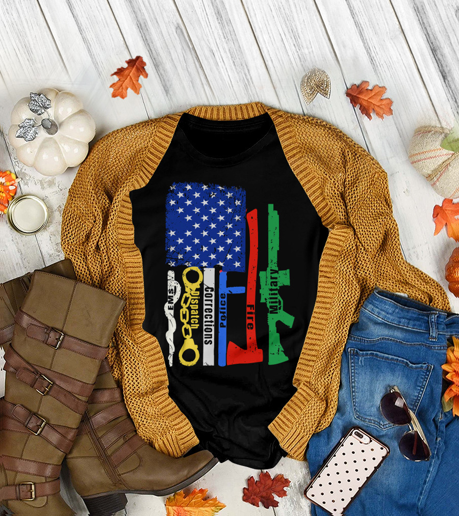 EMS Dispatch Corrections Police Fire Military American Flag T-Shirt