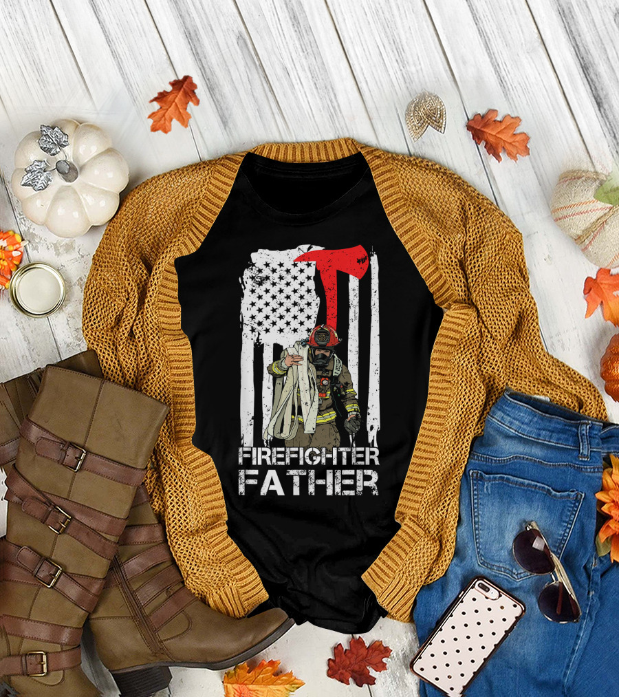 Firefighter Father Thin Red Line Axe American Flag T-Shirt