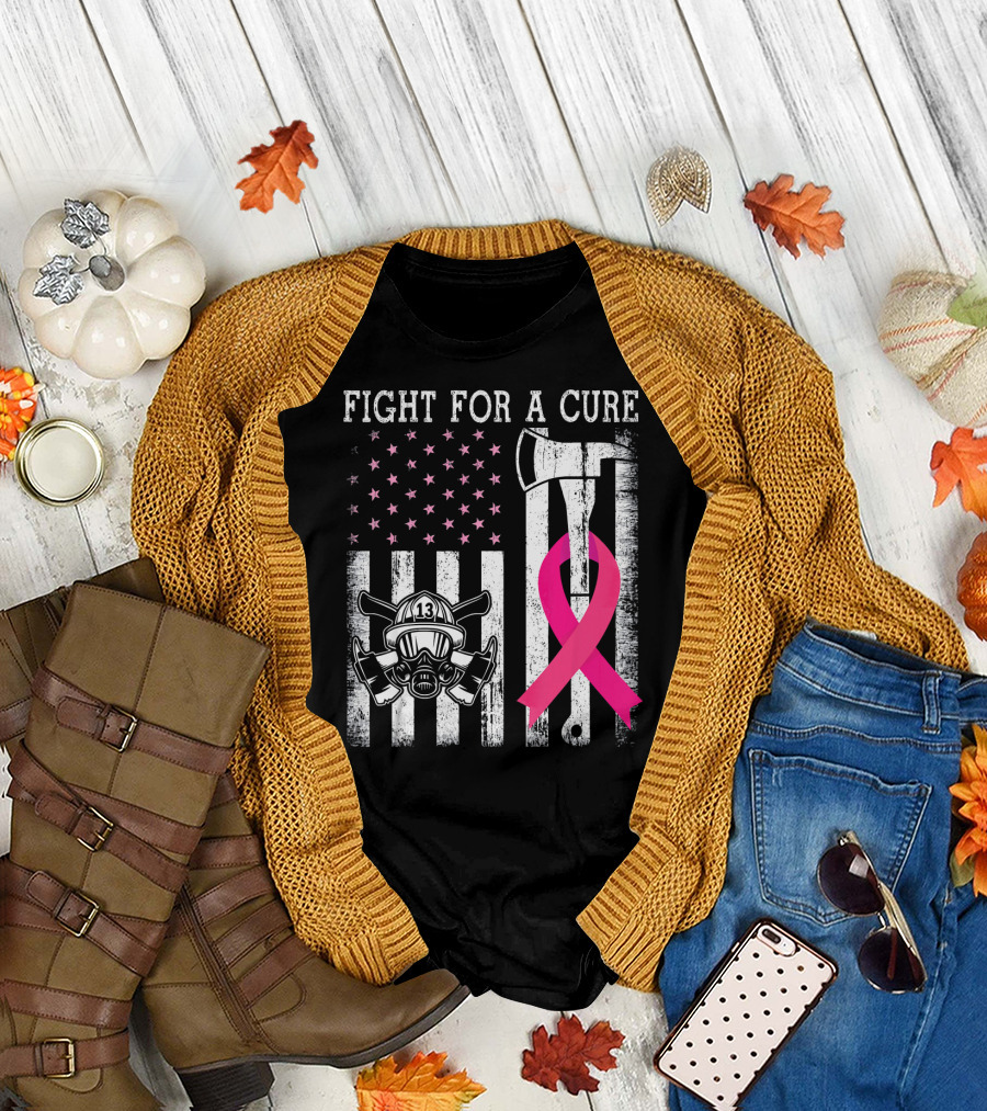 Fight For A Cure Firefighter US Flag Pink Ribbon Helmet Axe T-Shirt