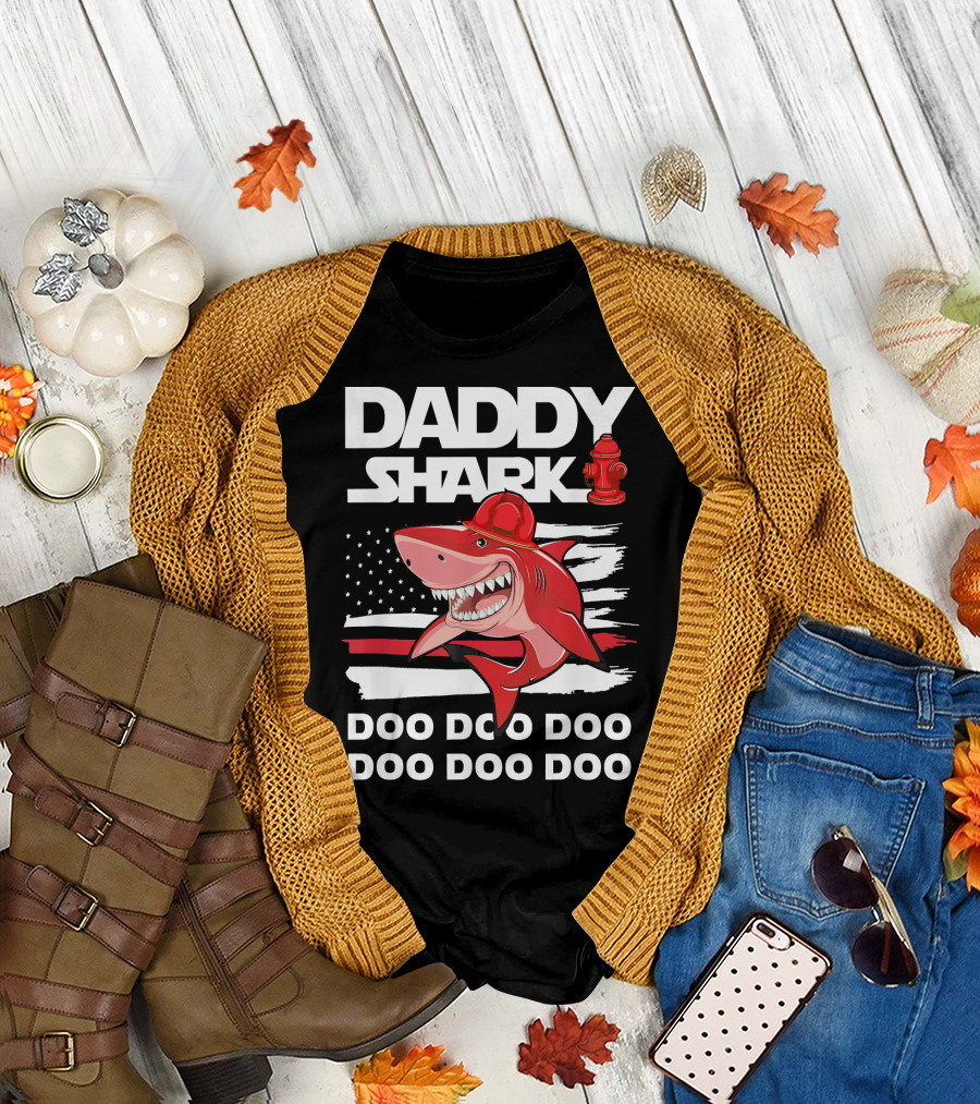 Daddy Shark Doo Doo Firefighter Red Shark with Hydrant and American Flag T-Shirt