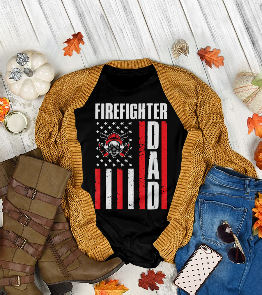 Fighter Dad Fireman Amer Flag Helmet T-Shirt