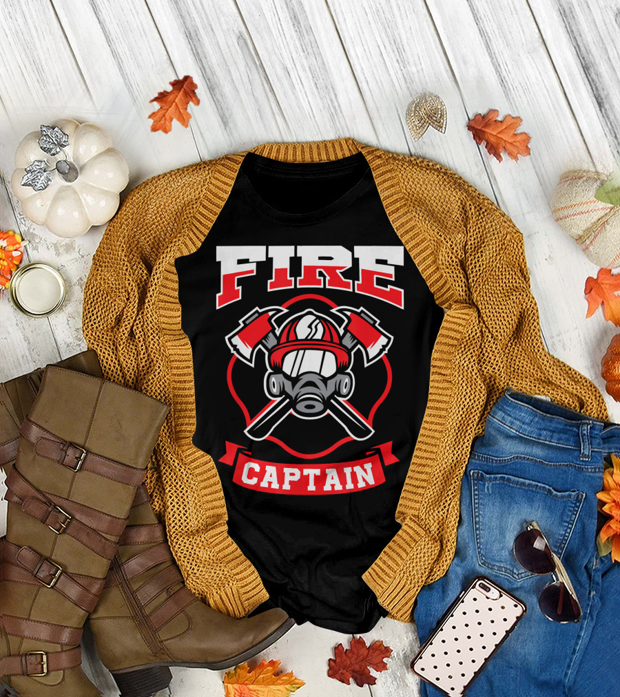 Fire Captain Firefighter Helmet Axes Mask Emblem T-Shirt