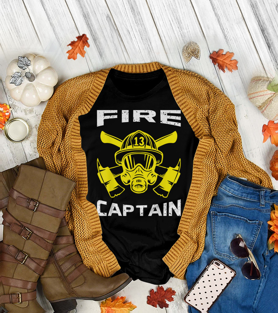 Fire Captain Firefighter Fireman Helmet and Axes with Number 13 T-Shirt