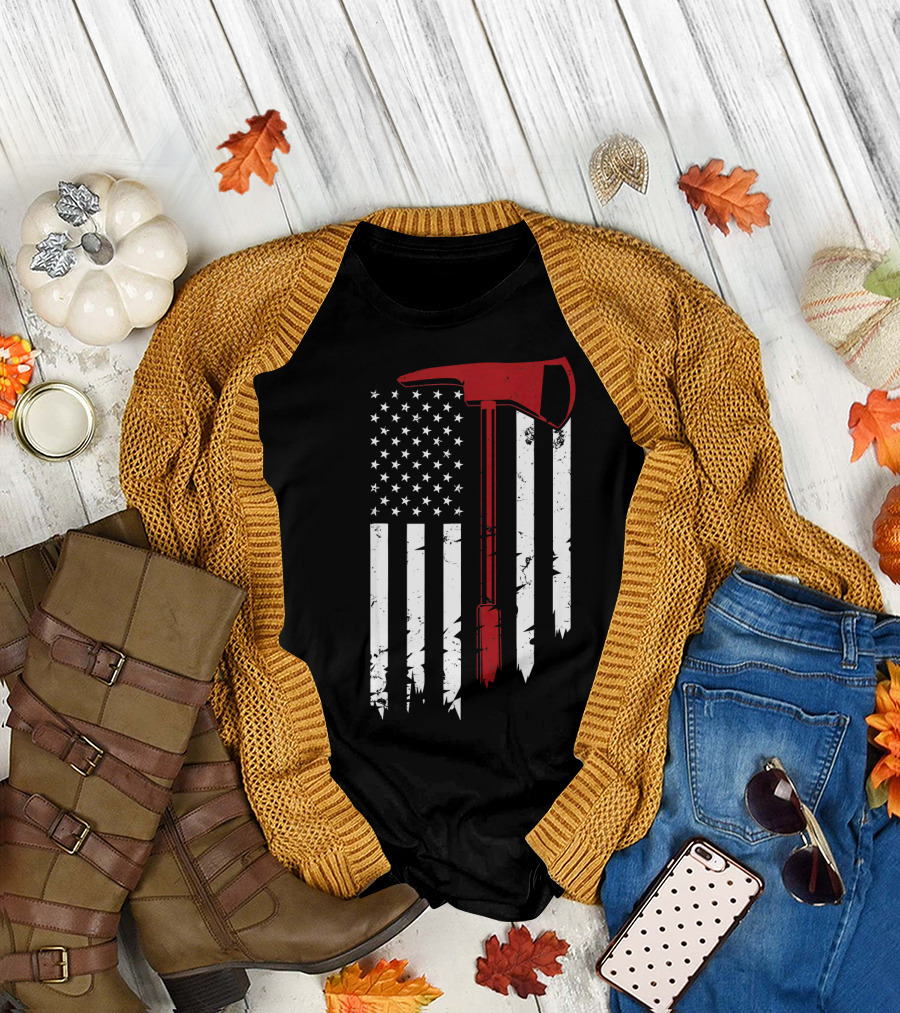 American Flag Firefighter Axe 4th of July T-Shirt