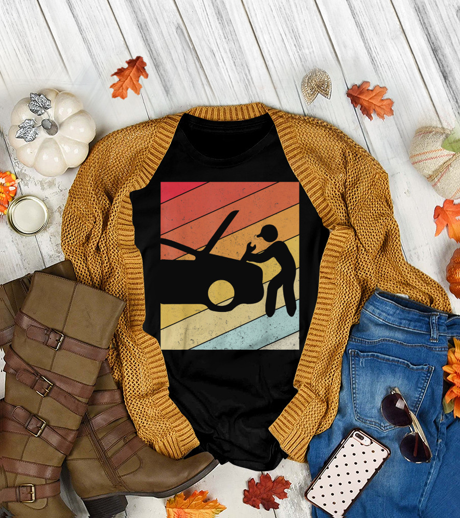 Funny Mechanic Vintage Silhouette on Retro Stripes Background T-Shirt