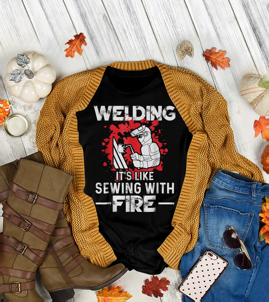 Welding It's Like Sewing With Fire Red Splatter Background Welding Mask T-Shirt