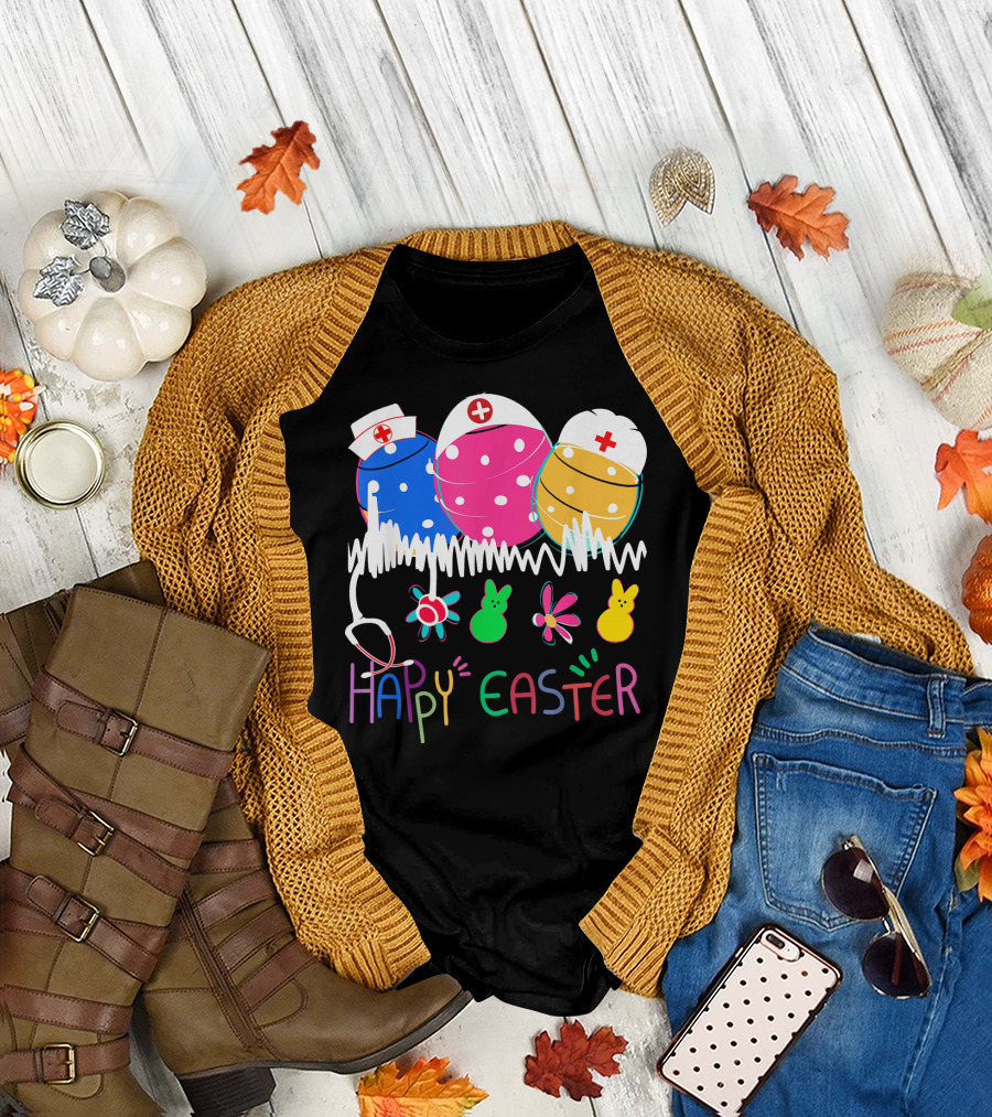 Happy Easter Bunny Nurse Eggs and Stethoscope with Bunnies and Flowers T-Shirt