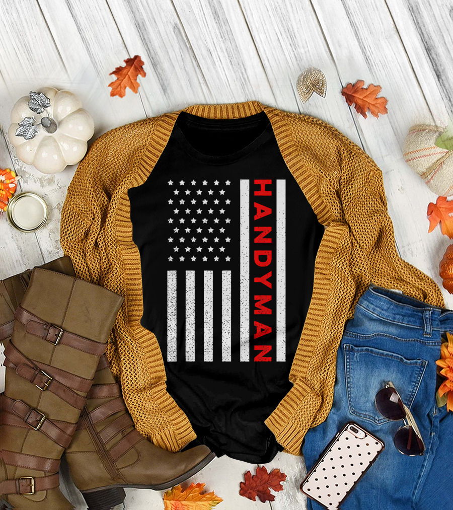 Handyman American Flag Vertical Stars and Stripes July 4th Mechanic T-Shirt