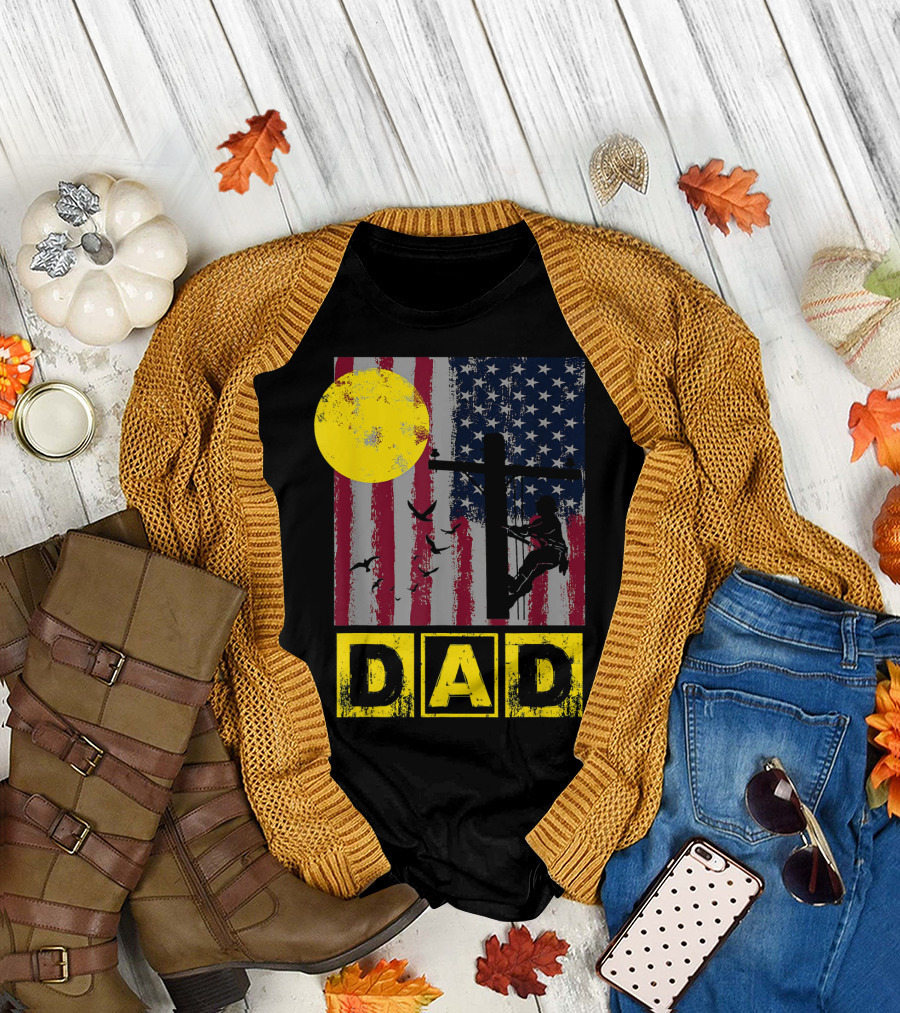 Lineman Dad American Flag Sun and Birds T-Shirt