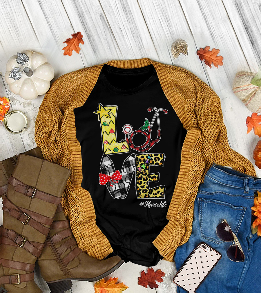 LOVE Stethoscope Nurse Life Red Plaid Chex Leopard #Nurselife T-Shirt
