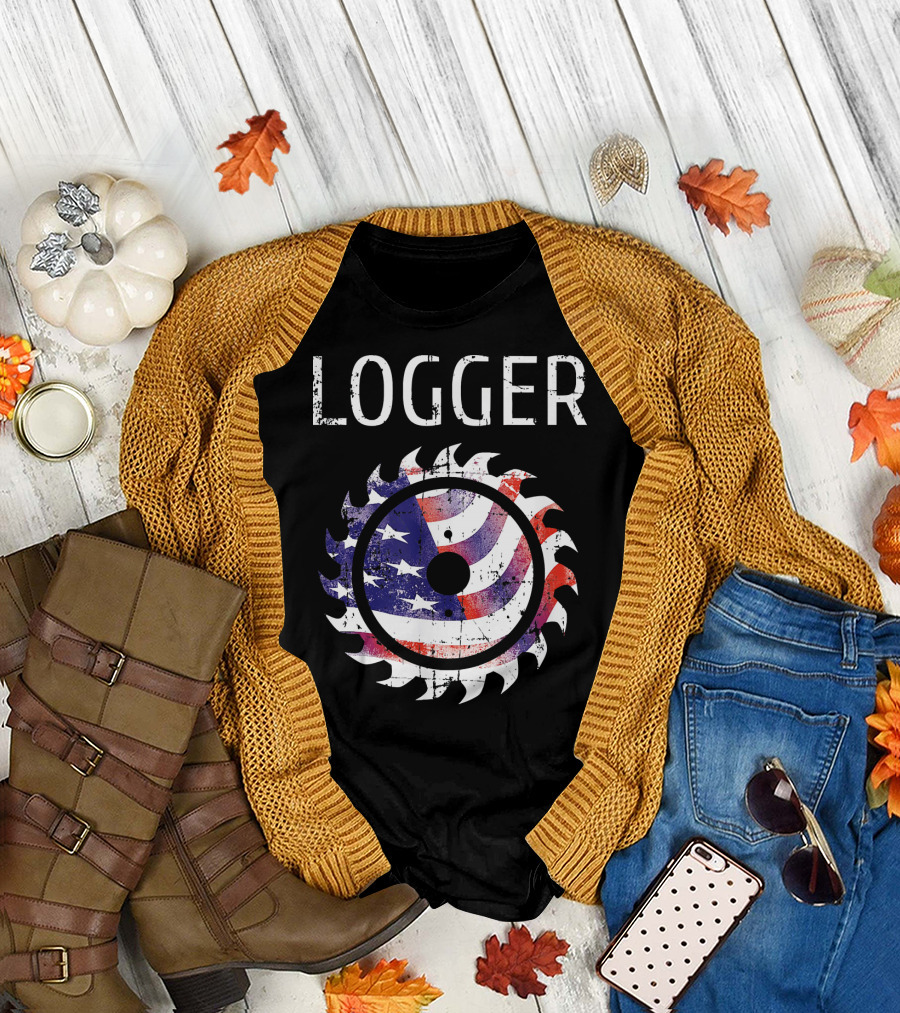 Logger Logging Lumberjack Patriotic American Flag Saw Blade T-Shirt