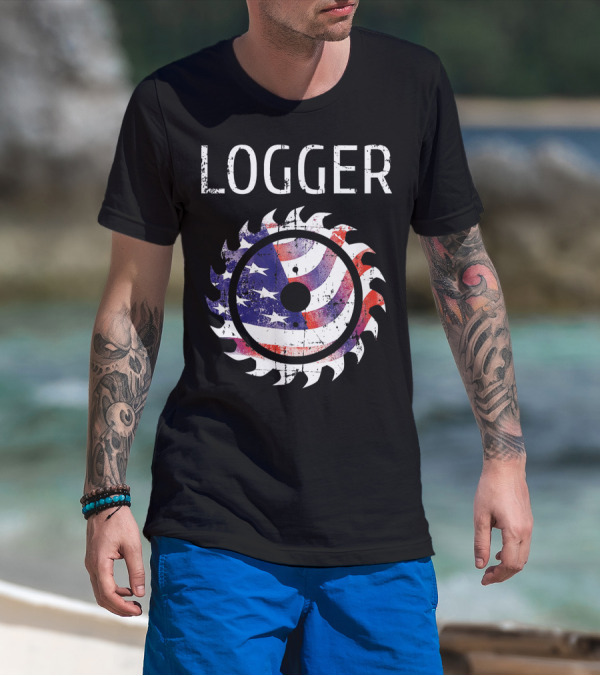 Logger Logging Lumberjack Patriotic American Flag Saw Blade T-Shirt