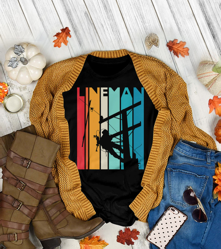Lineman Vintage Retro Lineman Silhouette on Power Line with Colorful Stripes T-Shirt