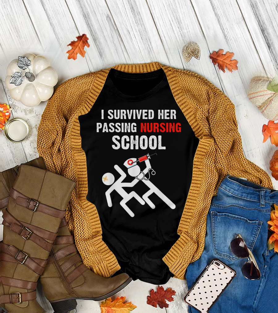 I Survived Her Passing Nursing School Nurse Syringe Stick Figures T-Shirt