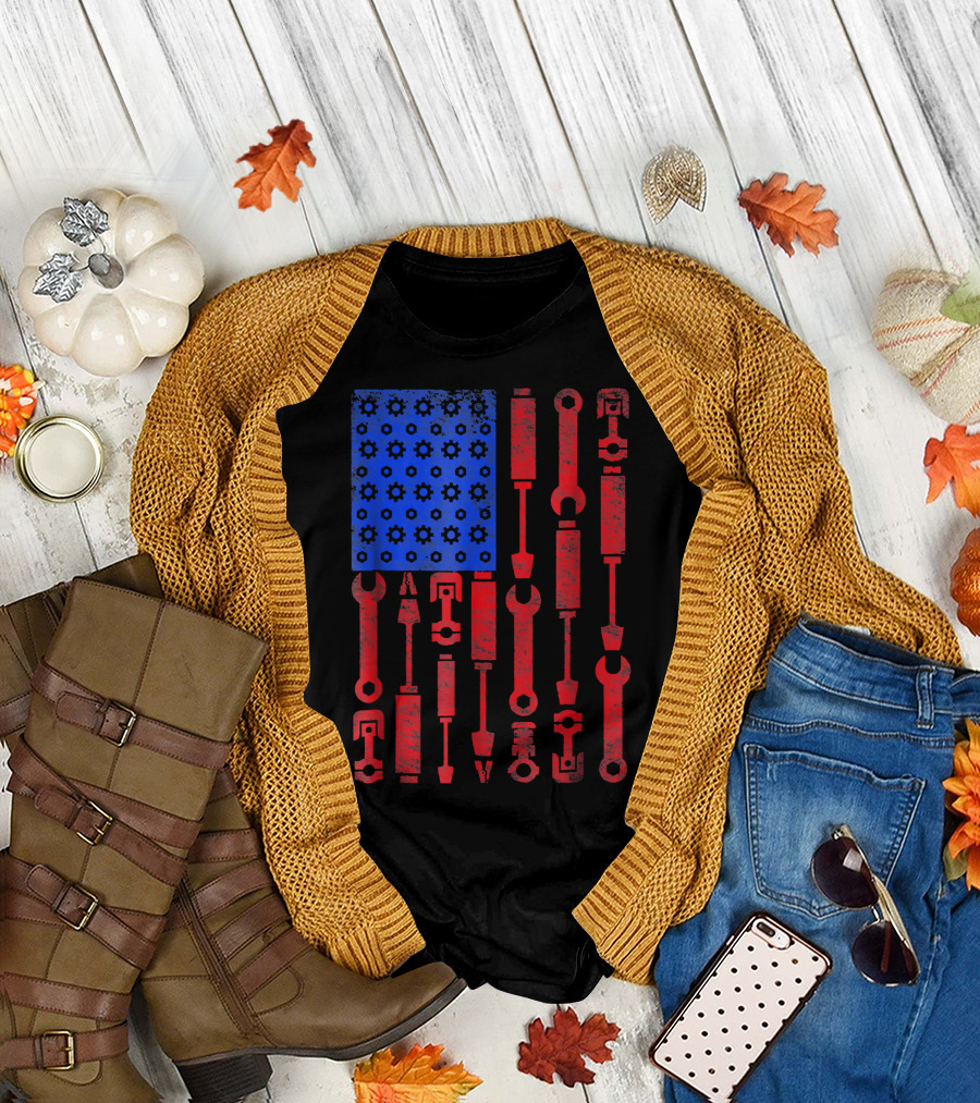 Mechanic Tools in Red and Blue USA Flag T-Shirt