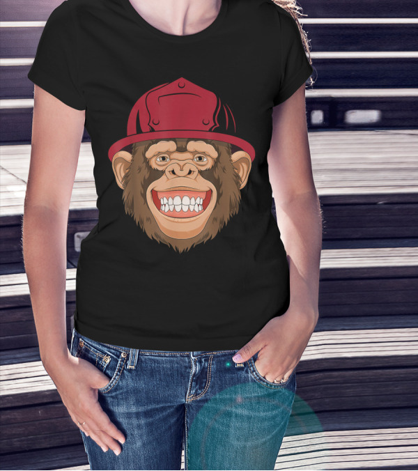 Monkey Firefighter With Red Helmet Grinning Face T-Shirt