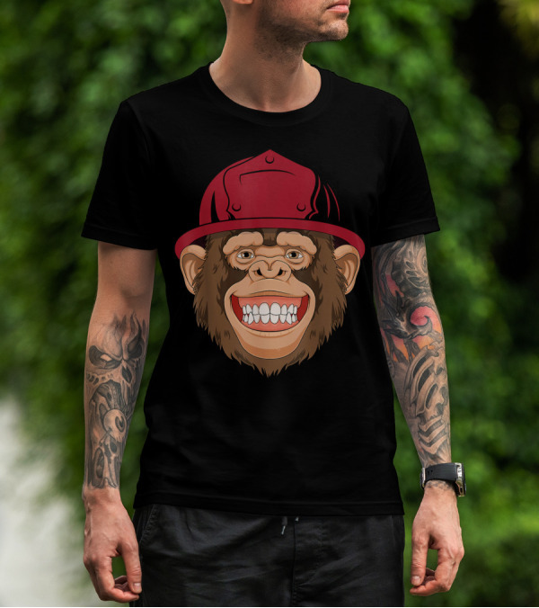 Monkey Firefighter With Red Helmet Grinning Face T-Shirt
