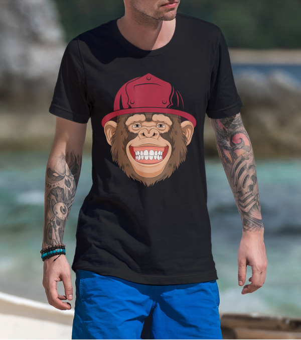 Monkey Firefighter With Red Helmet Grinning Face T-Shirt