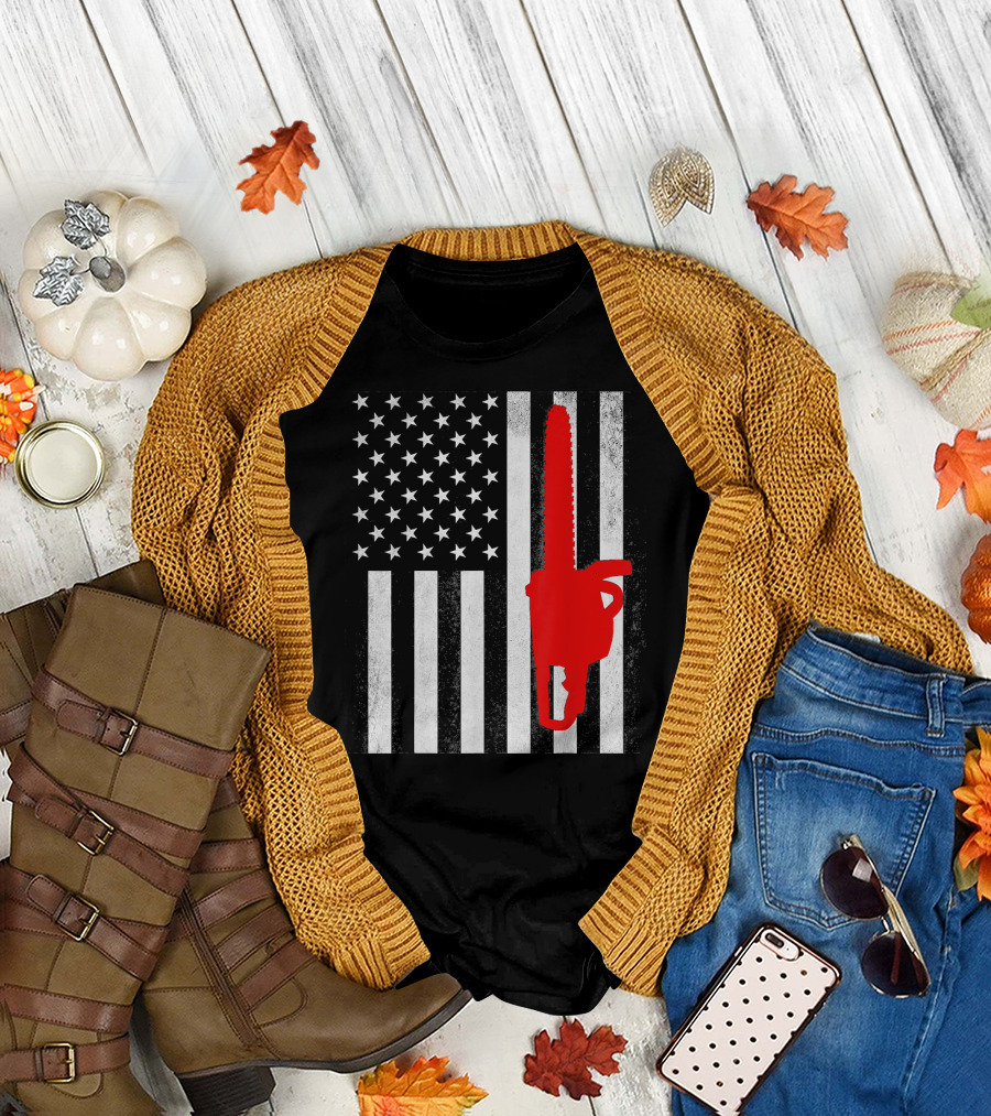 Ameri Mens Patriotic Lumberjack Chainsaw American Flag T-Shirt