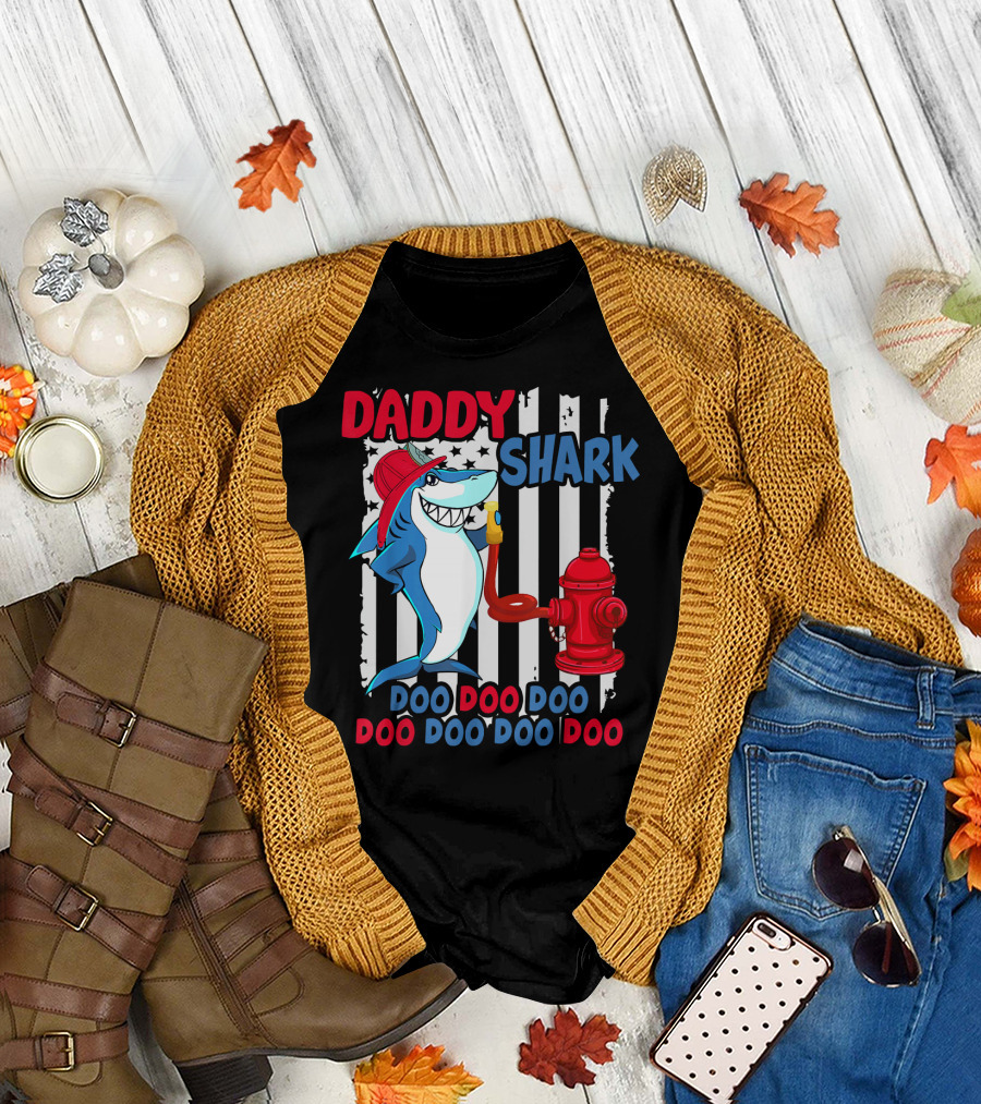 Daddy Shark Firefighter Doo Doo Doo Hydrant Stripes T-Shirt