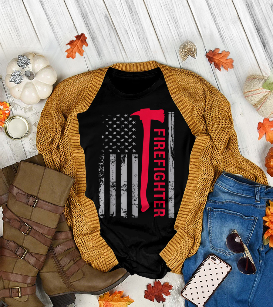 Firefighter Axe USA Flag Firefight Mens T-Shirt