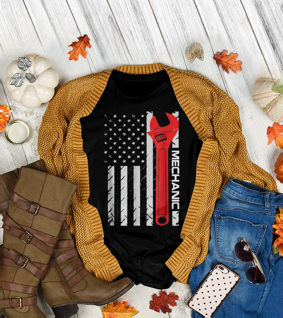 USA Flag Wrench Mechanic T-Shirt