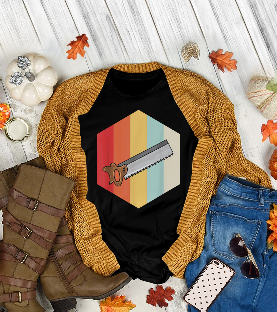 Mens Retro Vintage Handsaw Woodworking Hexagon Stripes T-Shirt
