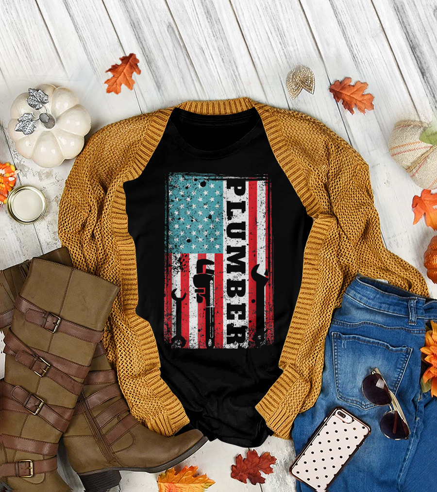 Plumber American Flag USA Plumbing Wrench Tools T-Shirt