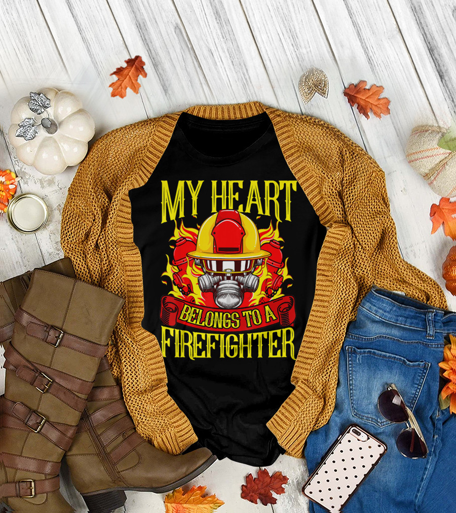 My Heart Belongs to a Firefighter Helmet and Flames T-Shirt