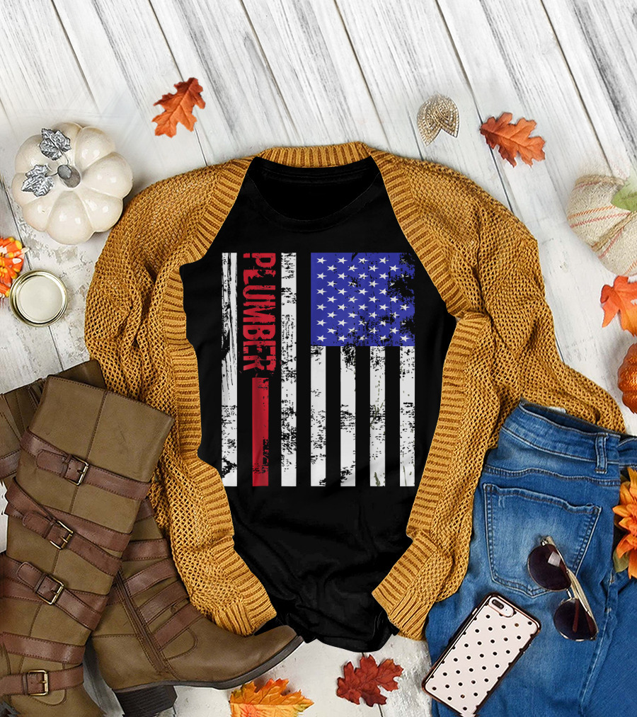 Plumber Vertical US Flag Stars and Stripes Grunge T-Shirt