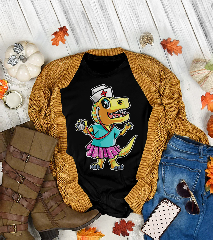 Nurse Rex Dinosaur Nursing Stethoscope Cartoon T-Shirt