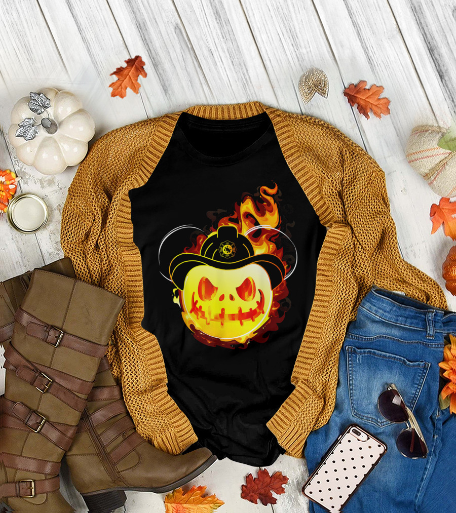 Mouse Burning Pumpkin Firefighter Costume Hat Flame Ears T-Shirt