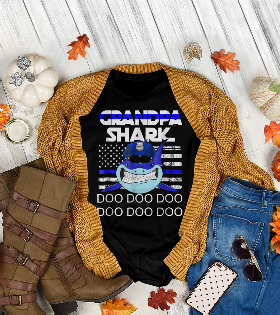Grandpa Shark Police Blue Line Doo Doo Doo American Flag T-Shirt