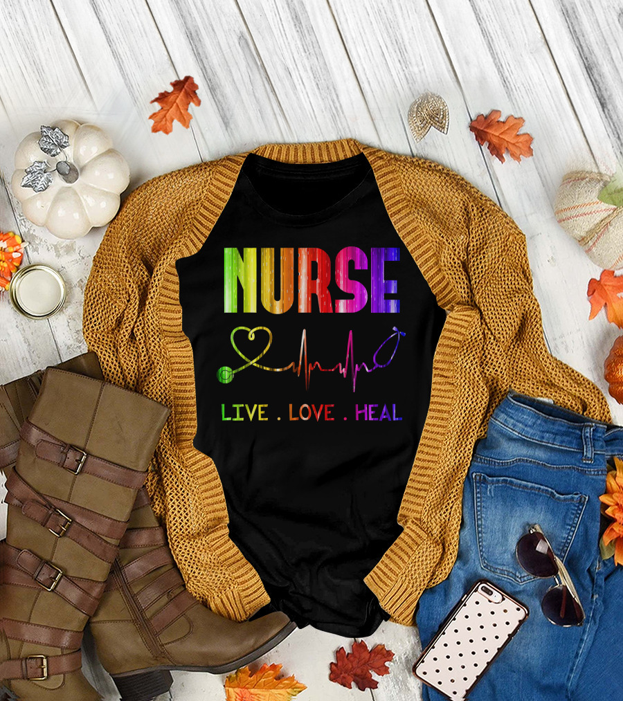 Nurse Live Love Heal with Heartbeat and Stethoscope T-Shirt