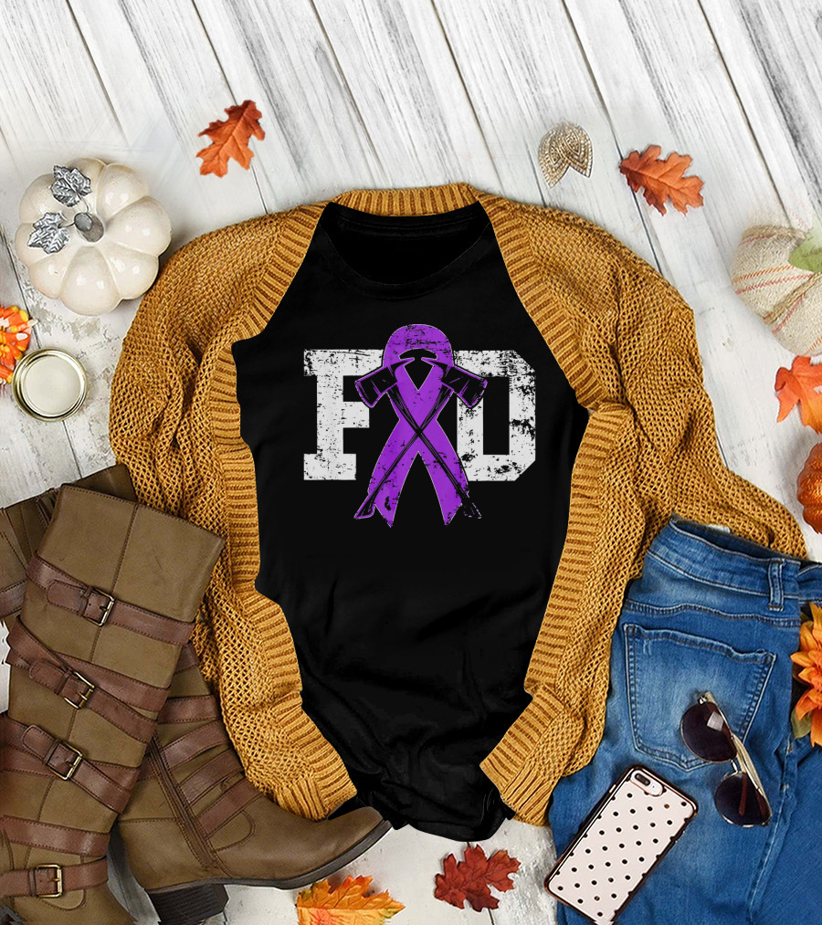 FD Purple Ribbon Axes Pancreatic Cancer Awareness Firefighter T-Shirt