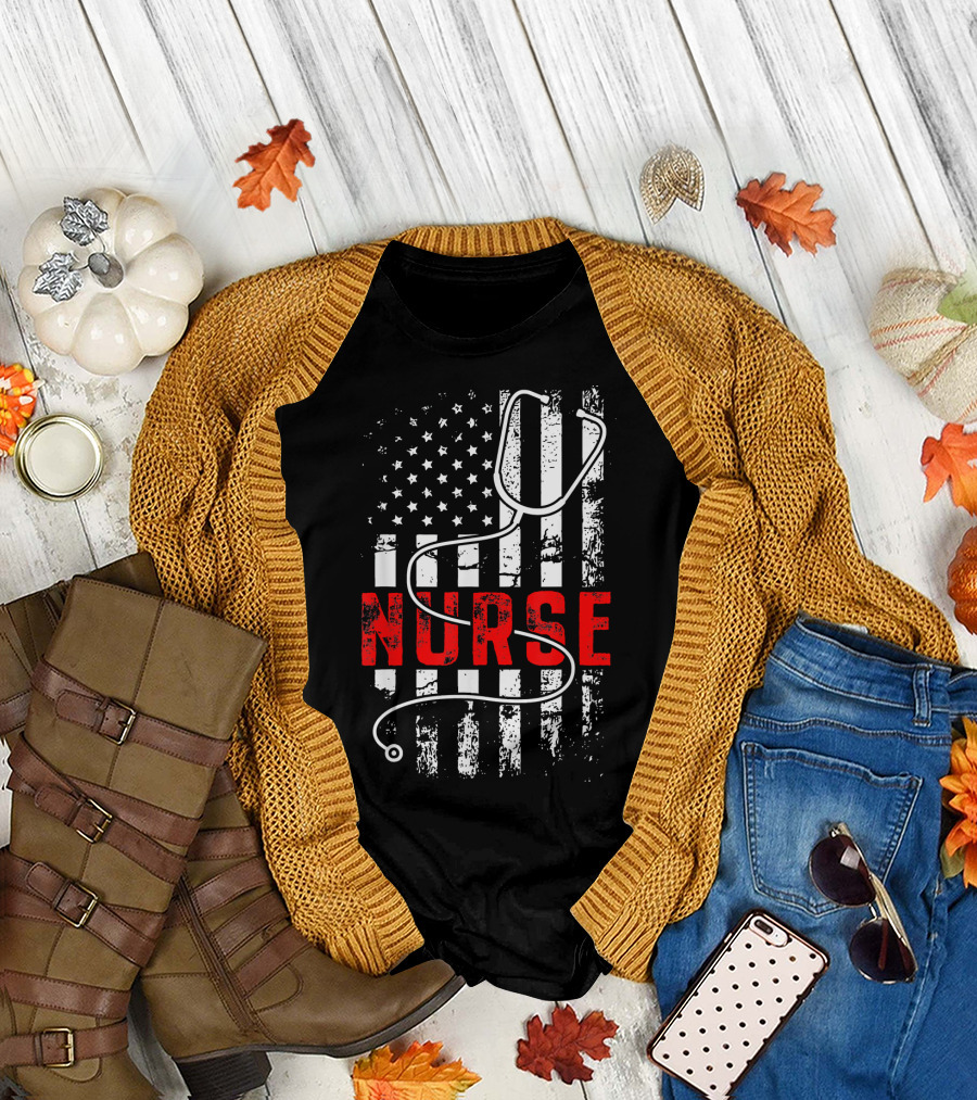 Nurse Stethoscope American Flag Patriotic T-Shirt