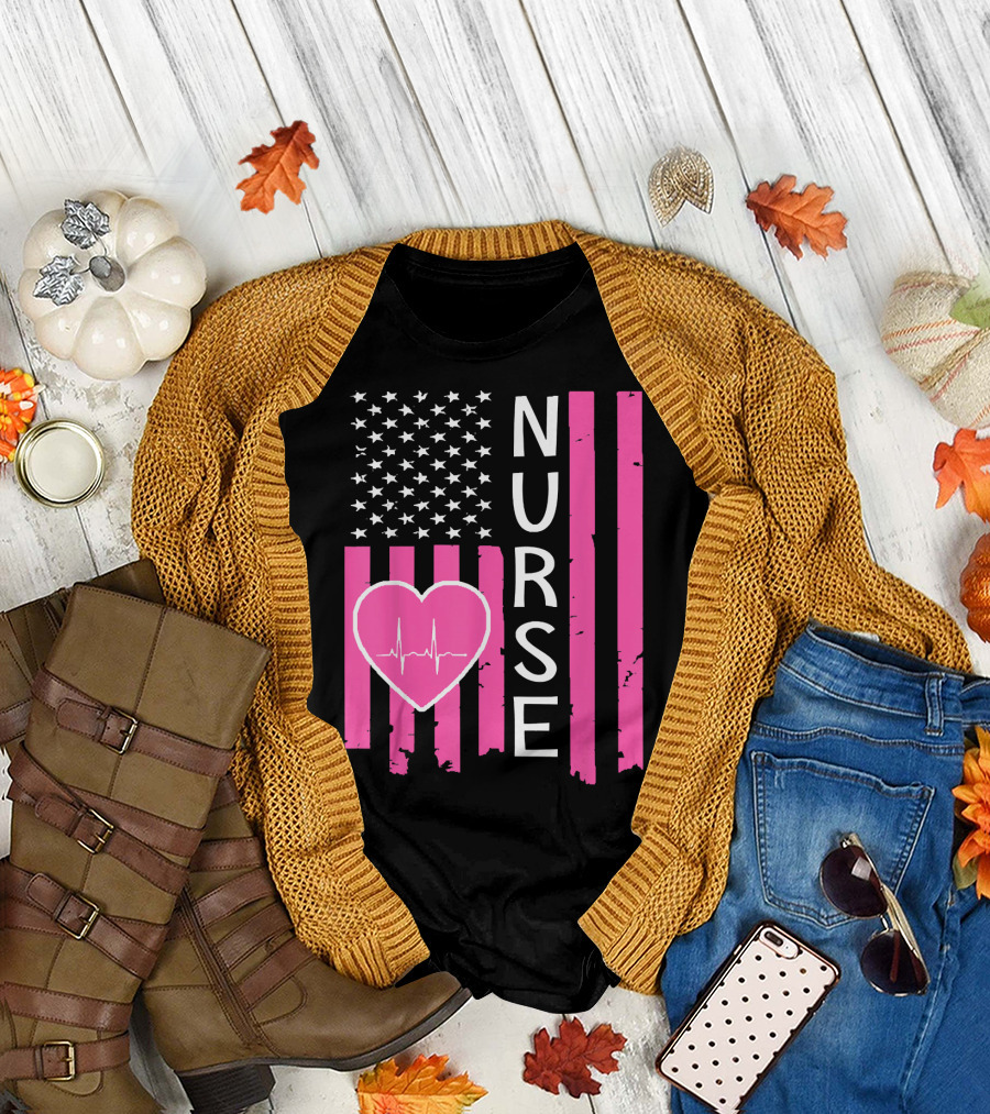 Nurse American Flag Heartbeat T-Shirt