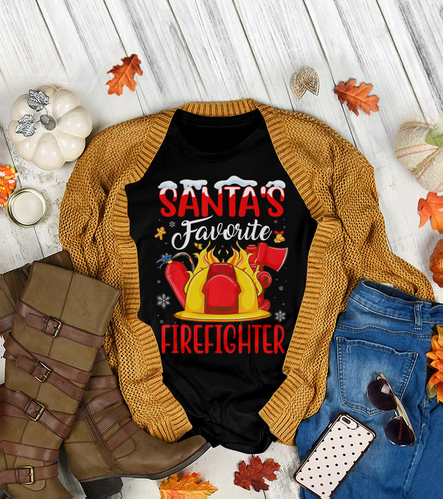 Santa's Favorite Firefighter with Gingerbread and Snowflakes T-Shirt