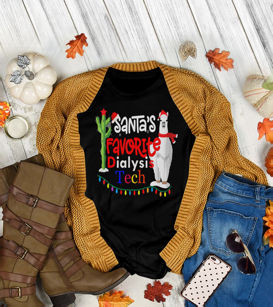 Santa's Favorite Dialysis Tech Christmas Hat with Festive Llama and Cactus T-Shirt
