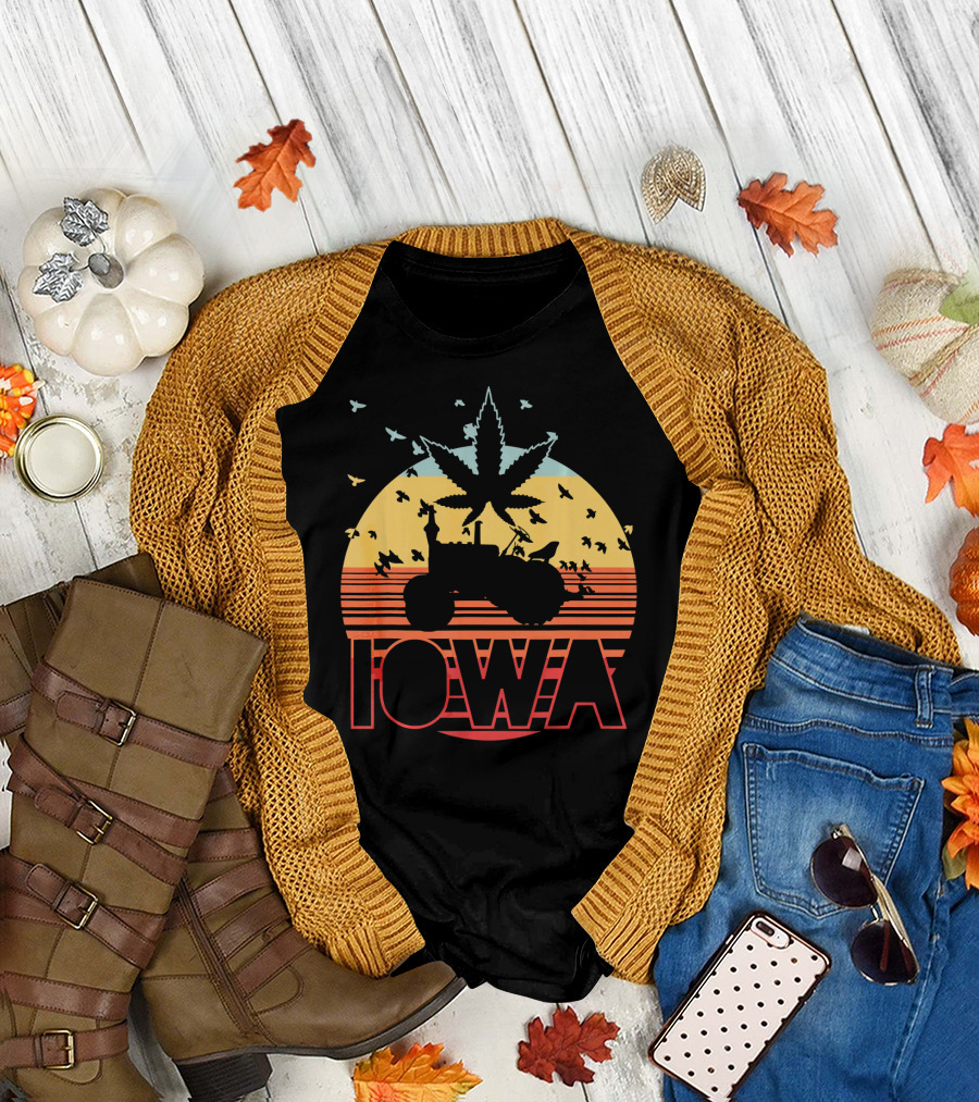 Iowa Retro Tractor Rainbow Sunset Farmer T-Shirt