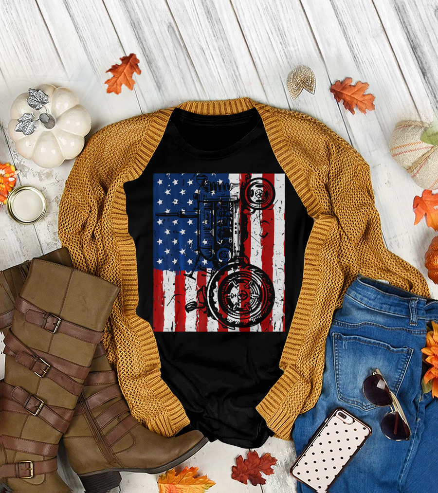 Patriotic Tractor with American Flag USA Farm T-Shirt
